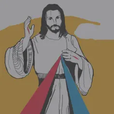 Jezus z ranami na dłoniach, z których wypływają promienie czerwone i niebieskie. Obraz nawiązuje do Niedzieli Miłosierdzia Bożego.