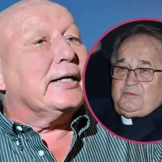Dwie twarze mężczyzn, jeden łysy w koszuli w paski, drugi w okularach i sutannie w okręgu.