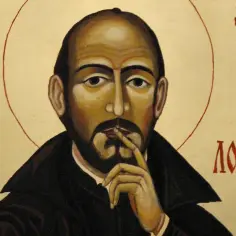 Ikona przedstawia św. Ignacego Loyolę, założyciela Towarzystwa Jezusowego, w geście refleksji, przypominającej o ignacjańskim rachunku sumienia.