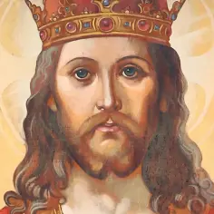 Obraz Jezusa Chrystusa w koronie i z berłem, symbolizujący uroczystość Jezusa Chrystusa Króla Wszechświata.