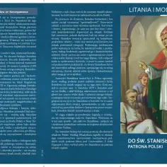 Św. Stanisław ze Szczepanowa, męczennik, w stroju biskupim, wskazuje palcem. Obok niego postacie, nawiązujące do litanii do świętego Stanisława.