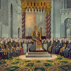Uroczyste zgromadzenie duchownych, na którym papież w pontyfikalnych szatach zasiada na tronie, symbolizując dogmat o nieomylności papieża.