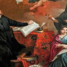 Święty Ignacy Loyola, założyciel zakonu jezuitów, pisze przy biurku, podczas gdy aniołowie i kobiety obserwują.