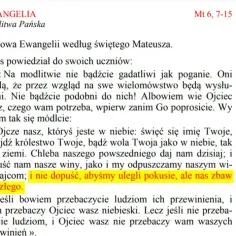Fragment Ewangelii wg św. Mateusza z modlitwą Ojcze nasz. Jezus uczy uczniów, jak się modlić, by nie byli gadatliwi jak poganie.