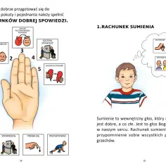 Rachunek sumienia dla dziecka: pięć kroków do dobrej spowiedzi. Obrazek przedstawia dłoń z ponumerowanymi krokami i ilustracjami.
