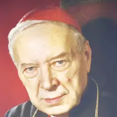 Portret kardynała Stefana Wyszyńskiego, w czerwonej zuppie, wzywający do modlitwy o jego beatyfikację.