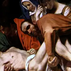 Dramatyczne złożenie do grobu, mistrzowskie dzieło Caravaggia. Ciało Chrystusa niesione przez mężczyzn, kobiety w żałobie.
