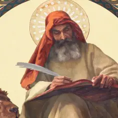Święty Marek pisze Ewangelię, z lwem u boku, inspirując się boskim natchnieniem. To fragment kanon rzymski tekst.