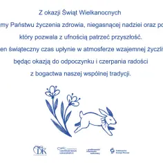 Prefacja na dziś: z okazji Świąt Wielkanocnych życzymy zdrowia, nadziei i pokoju. Zając skacze wśród kwiatów.
