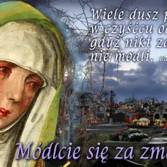 Obraz przedstawia płaczącą Matkę Boską na tle cmentarza z grobami i zniczami.