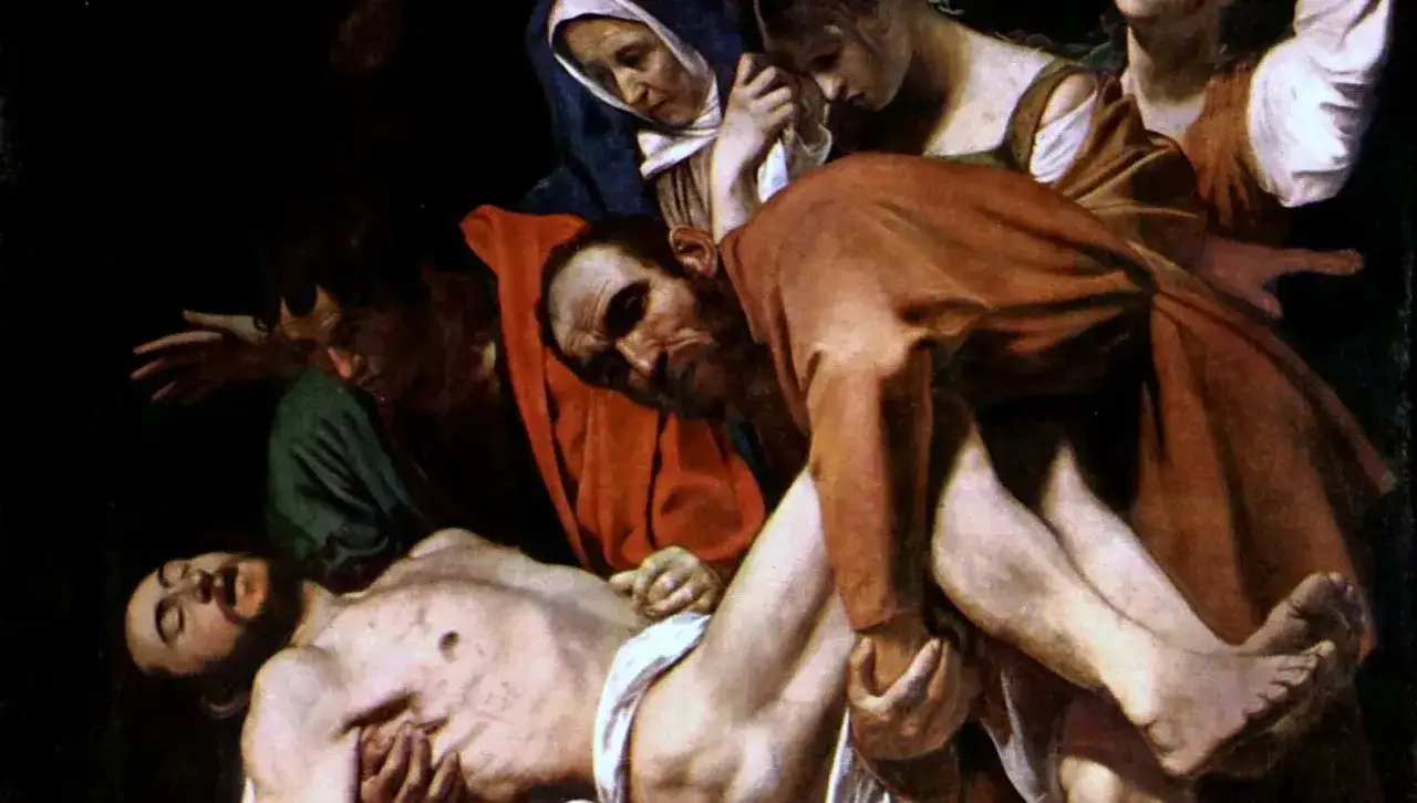 Dramatyczne złożenie do grobu, mistrzowskie dzieło Caravaggia. Ciało Chrystusa niesione przez mężczyzn, kobiety w żałobie.