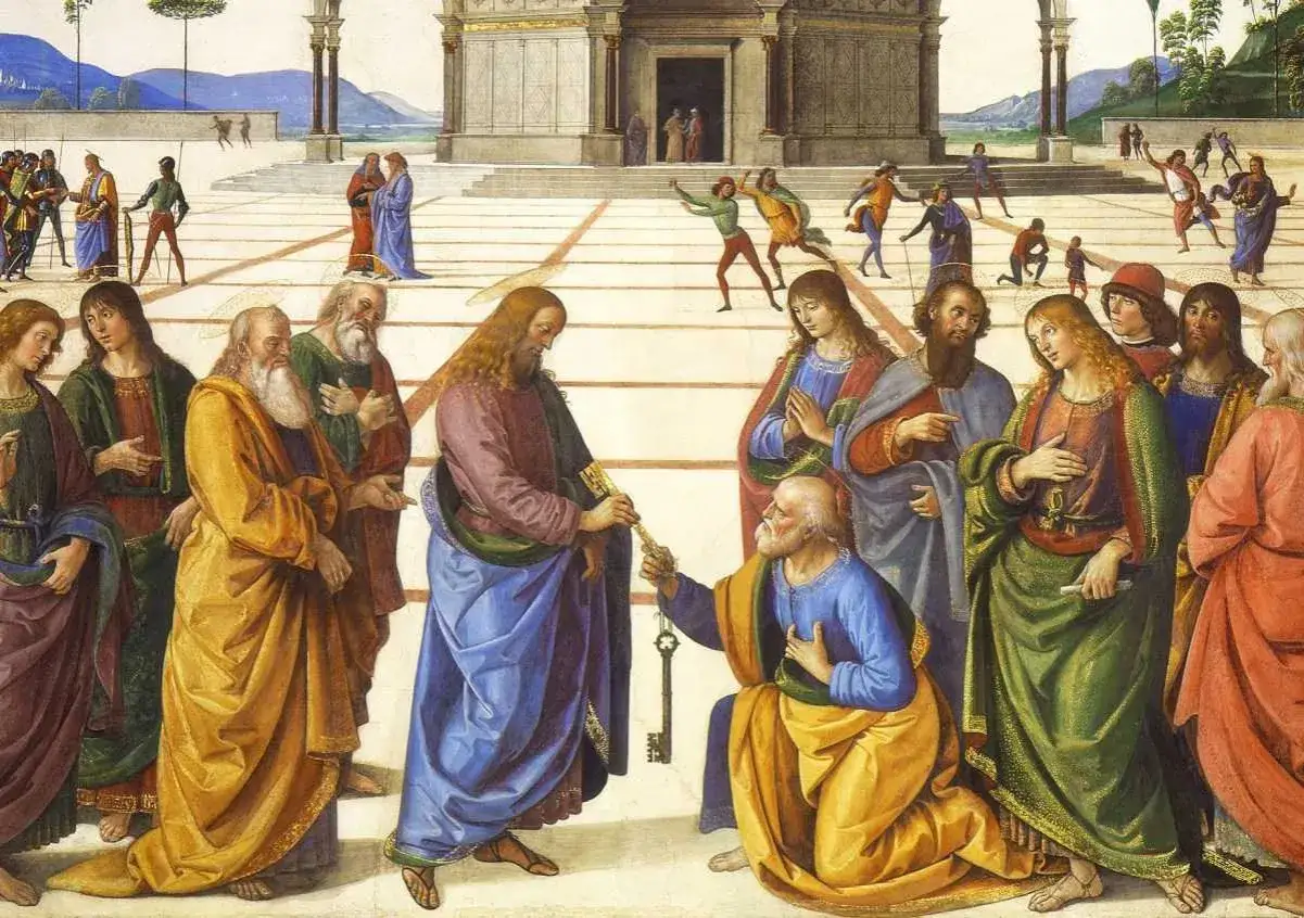 Scena przekazania kluczy Piotrowi, symbolizująca dogmat o nieomylności papieża. Apostołowie obserwują.