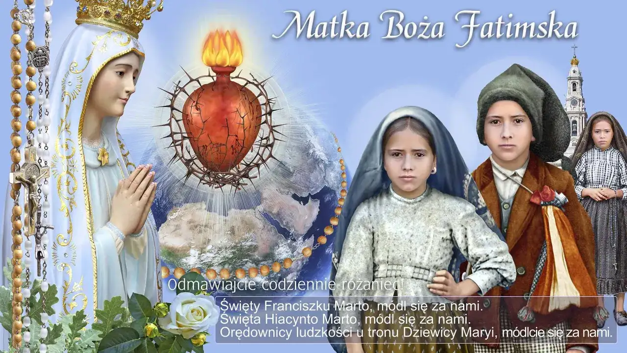 Matka Boża Fatimska z Dziećmi z Fatimy. Serce Maryi, Ziemia, różaniec i modlitwa.
