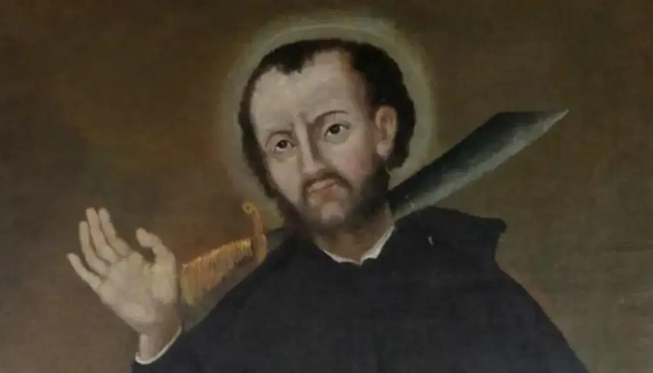Obraz przedstawia męczeńską śmierć św. Andrzeja Boboli, z mieczem przebijającym jego ciało.
