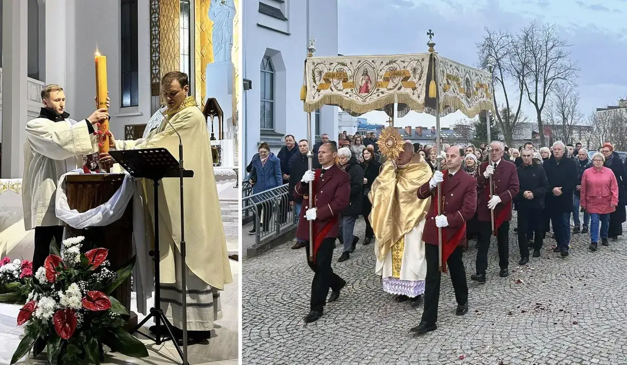 Uroczysta msza święta wielkanocna z procesją. Kapłan niesie monstrancję, wierni podążają za nim.