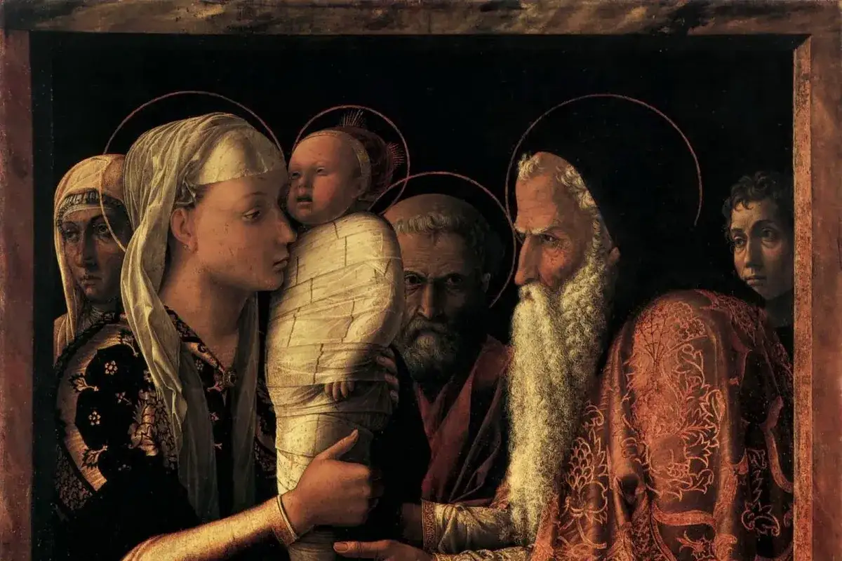 Ofiarowanie Jezusa w świątyni. Maryja podaje owinięte w pieluszki Dzieciątko, a starzec z siwą brodą je przyjmuje.