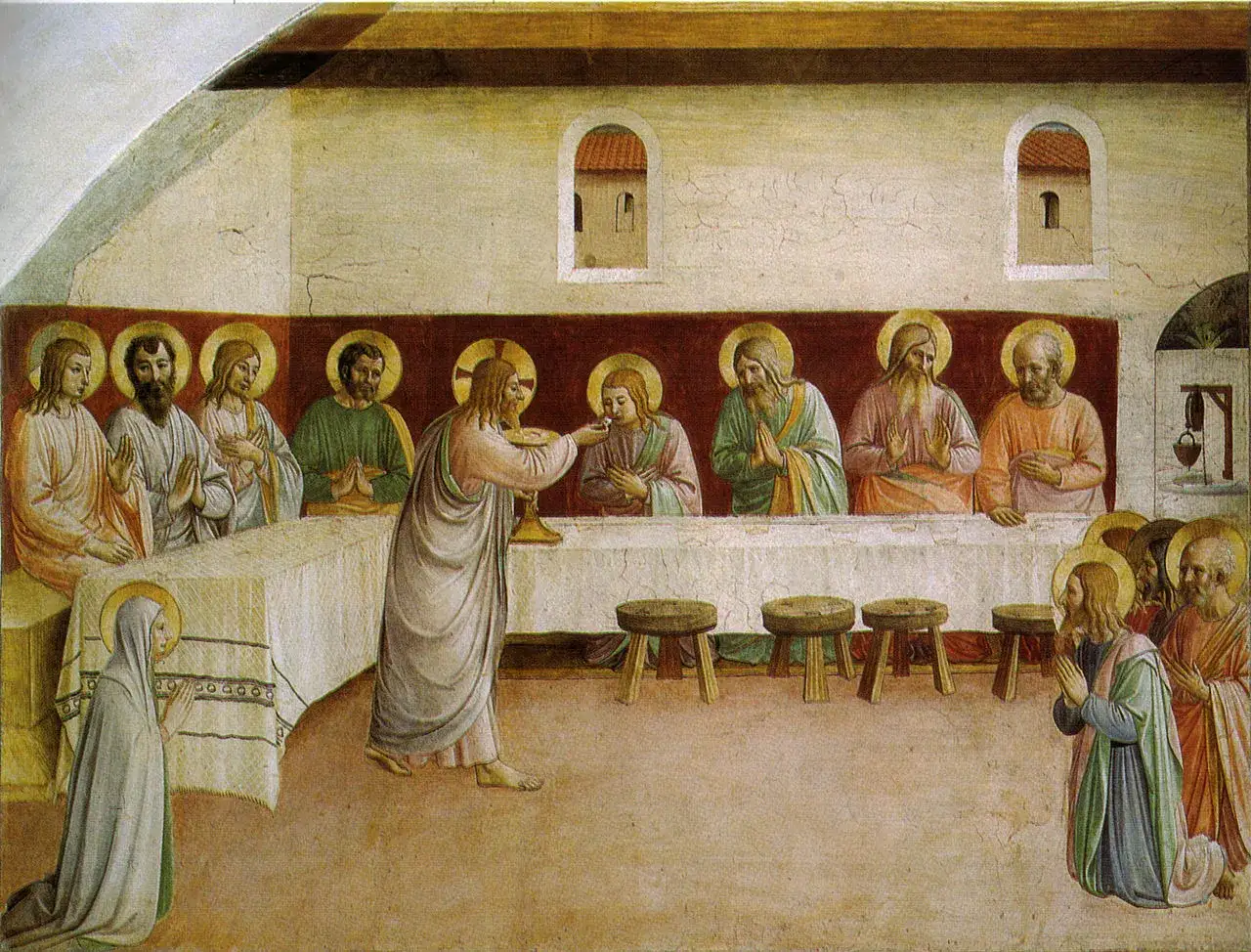 Jezus udziela komunii apostołom podczas Ostatniej Wieczerzy. Scena przypomina msze wielkoczwartkowe.