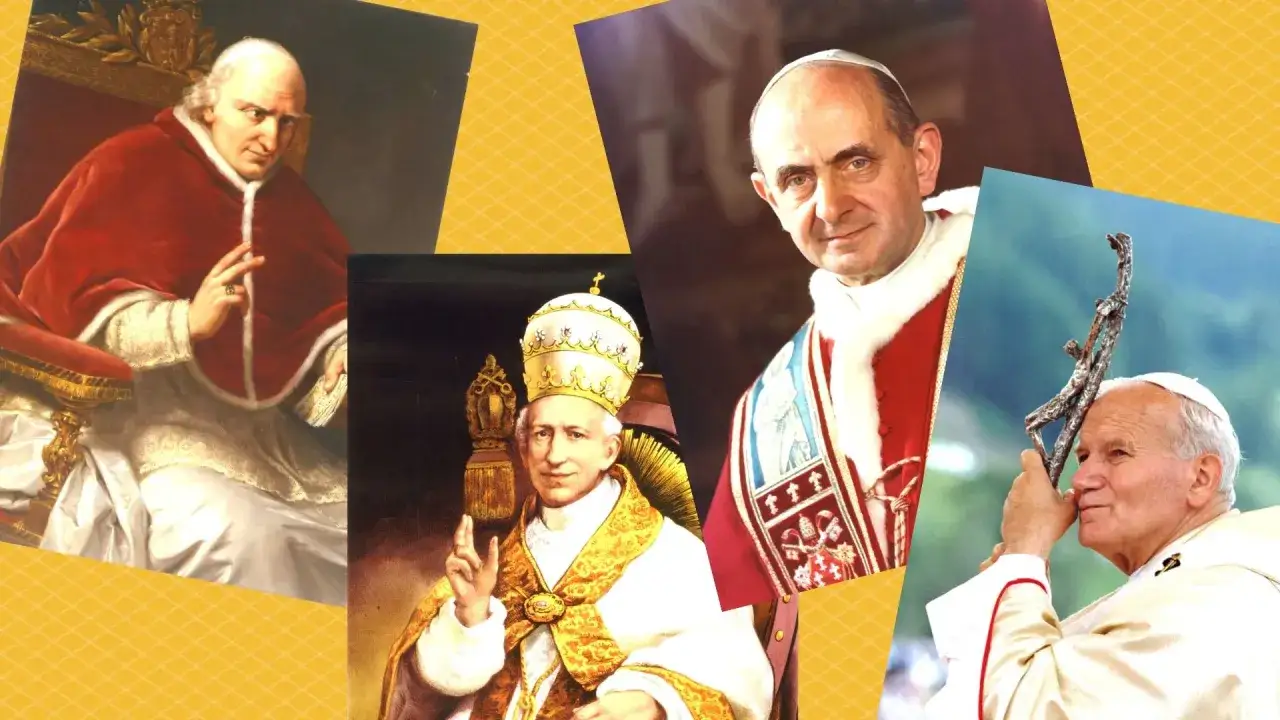 Portrety papieży, w tym Jana Pawła II, ilustrujące dogmat o nieomylności papieża.