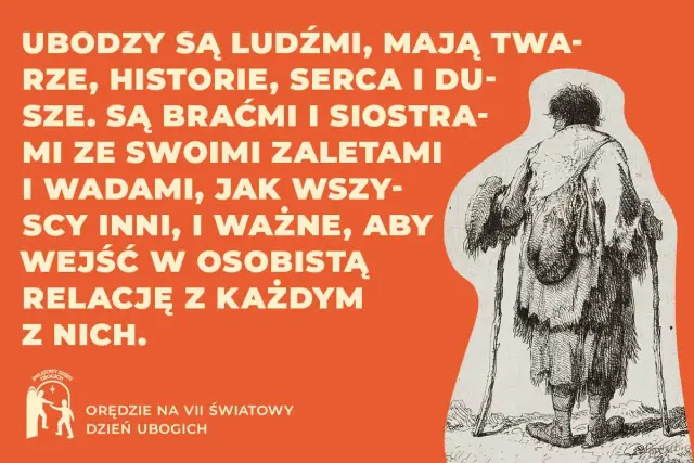 Obraz z hasłem na VII Światowy Dzień Ubogich. Rysunek przedstawia postać w łachmanach z laskami.